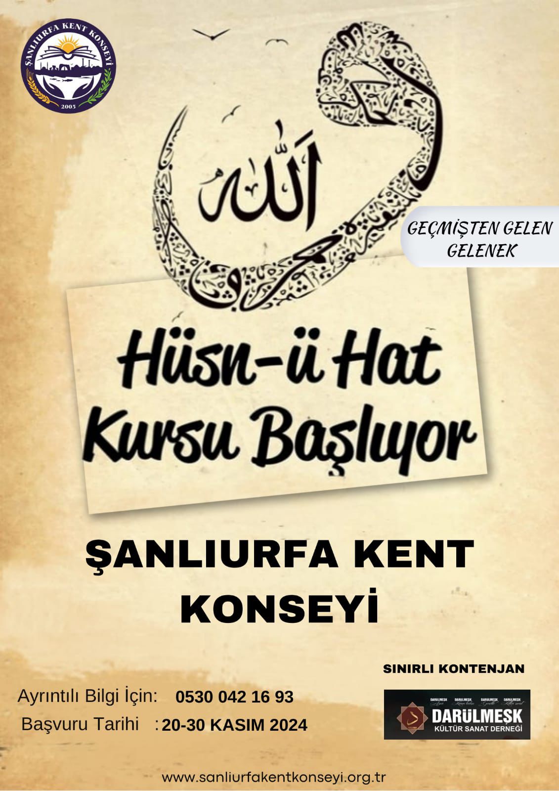 Şanlıurfa Kent Konseyi tarafından Hüsn’ü Hat kursu açılacak.